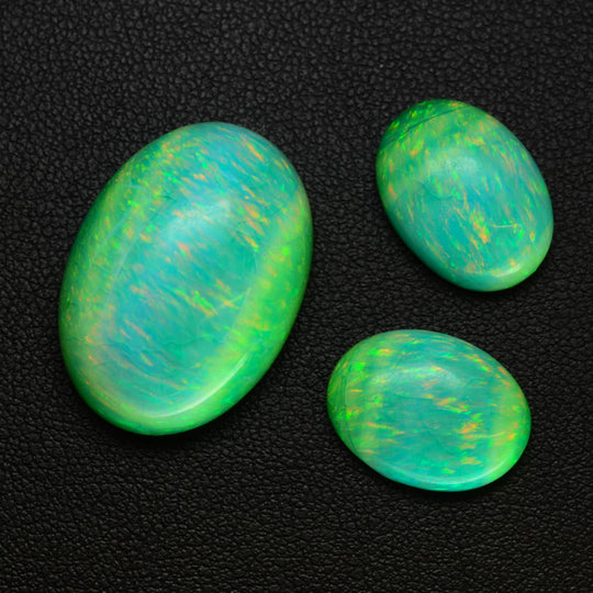 32.06ct 3pcs Set Synthetic Green Opal with Green Fire Oval Cabochon Lab Created