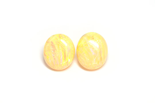 7.21ct 2pcs Pair Yellow Jelly Opal with Green Fire Cabochon 14x11mm Lab Created